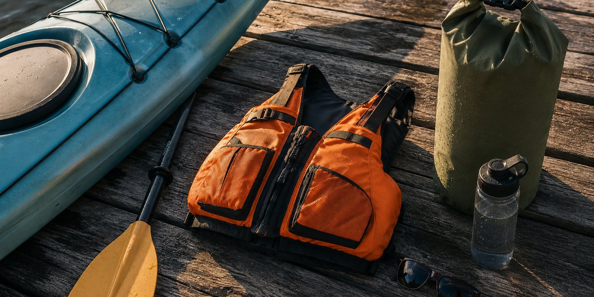 Kayak paddle, PFD life vest, and dry bag laid out on a dock
